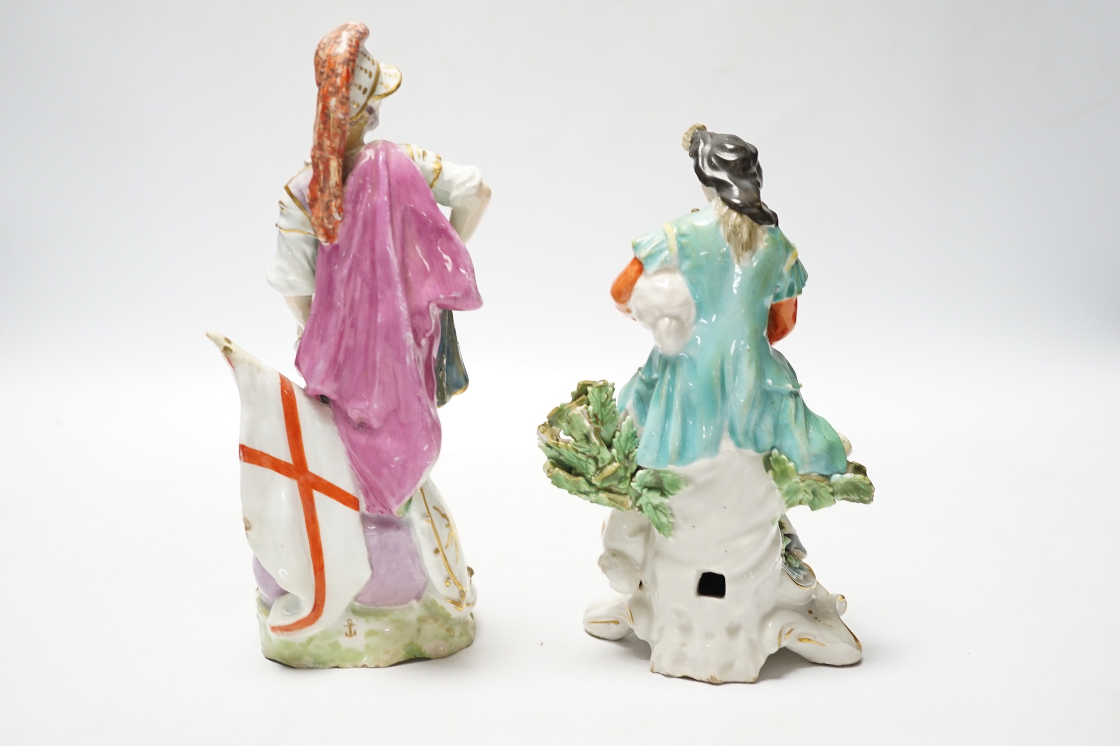A Chelsea Gold Anchor figure of Mars, c.1760-5, and a Derby figure of a bagpiper, c.1765-70, 20cm (2)